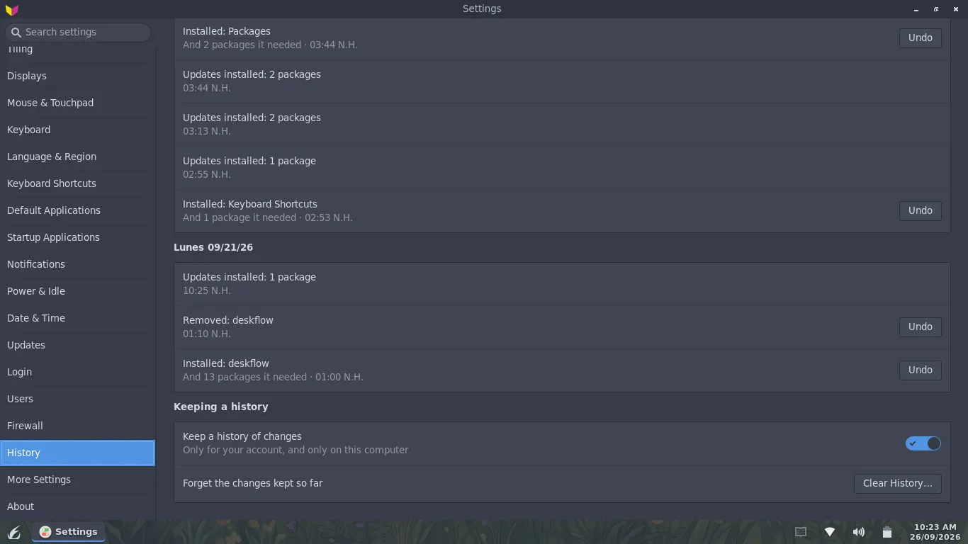 FlickOS Settings window on the History page: installed and removed packages listed by day, each with an Undo button