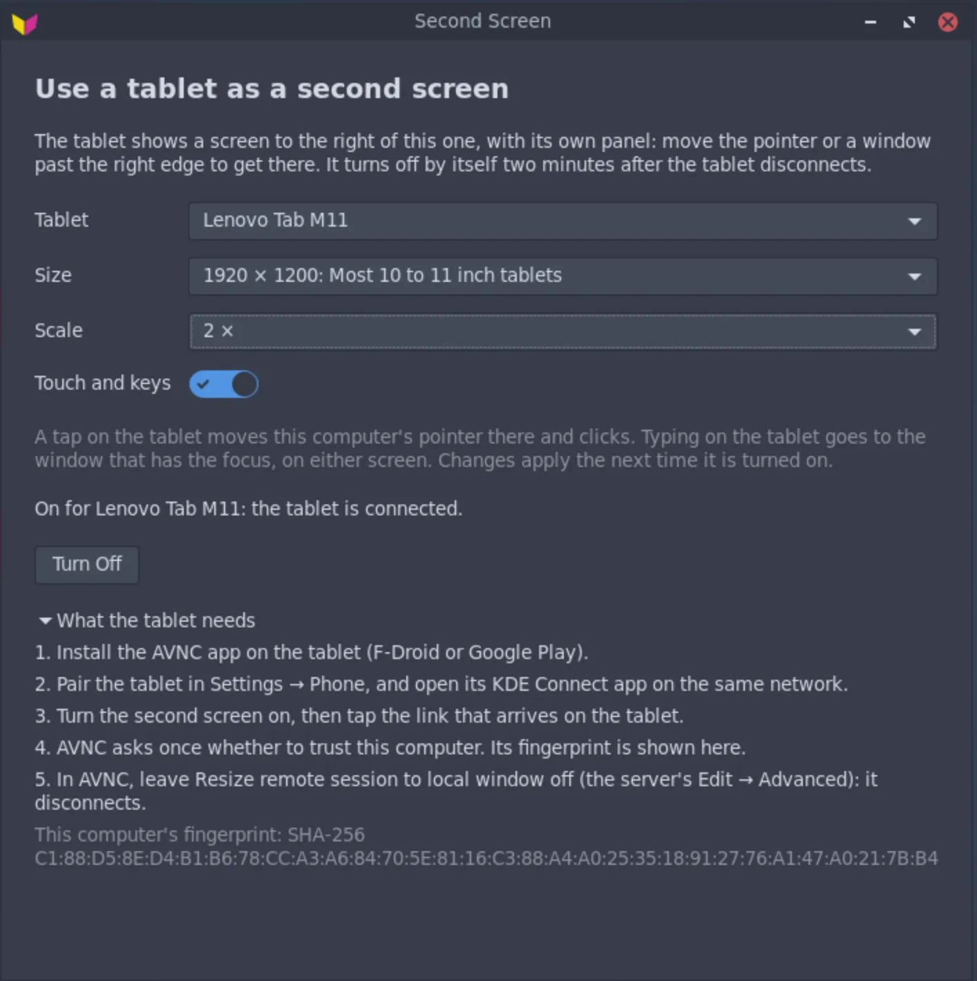 Second Screen set for a Lenovo Tab M11 at 1920 by 1200, with touch and keys on.